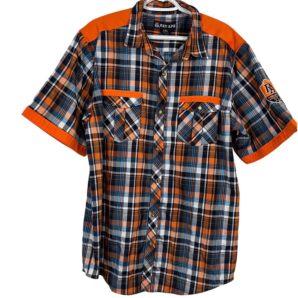 Red Ape Men's Plaid Short Sleeve Button Down Shirt Orange/Blue - Size 2XL